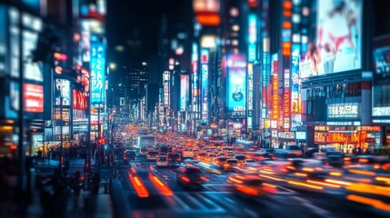 Aufkleber - Rows of colorful neon lights in a busy cityscape at night, blurring slightly to create a vibrant, bustling ambiance