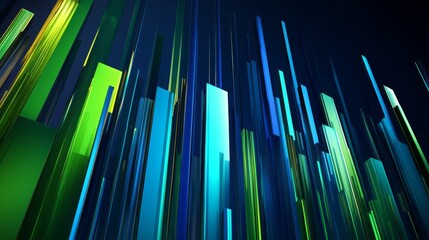 Aufkleber - Tall, glossy D bars in various shades of blue and green, arranged in an upward trend on a dark, textured background