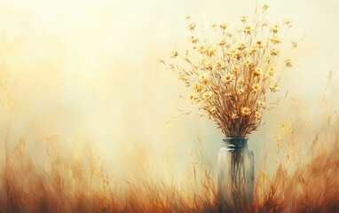  vase of wildflowers in soft, dreamy landscape