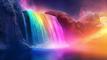 Wall Mural - A melting rainbow waterfall flowing into a galaxy.