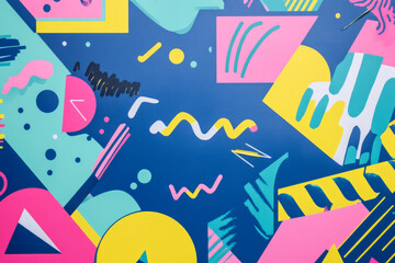 Wall Mural - 90s inspired background with bold punchy text, abstract geometric shapes, and a vibrant color palette featuring blue, pink, lime green, and yellow hues, creating an energetic and nostalgic atmosphere