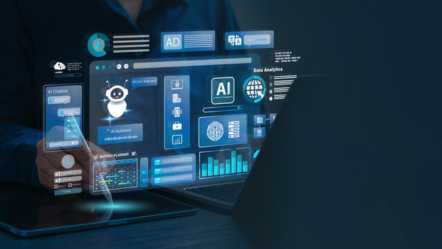 AI agent and generative artificial intelligence concept. Businessman using AI agents on screen, including chatbots, AI assistants, and data analytics tools on a laptop. LLM, Ai agentic workflows.