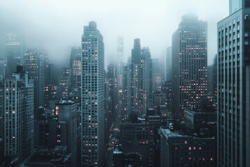 A dystopian brutalist megacity skyline, filled with imposing monolithic buildings, endless gray facades, and occasional dim artificial lights creating a cold, industrial atmosphere.