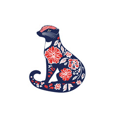 Ornate Floral Meerkat Illustration - Dark Blue and Red Design