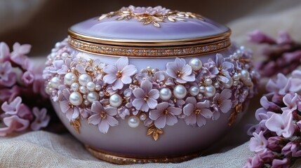 Lavender porcelain jewelry box, pearls, flowers, fabric