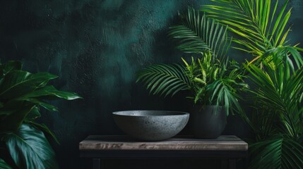 Sticker - Dark moody still life with tropical plants and ceramic bowl