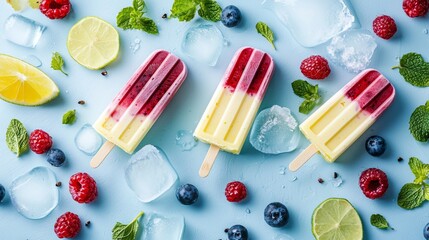 Wall Mural - Refreshing fruit popsicles with ice cubes