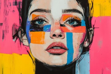 Leinwandbilder - Bold expression of modern art featuring a young woman's face with vibrant colors in a striking portrait
