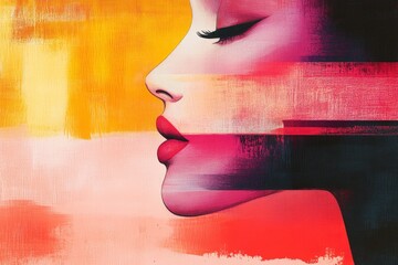 Poster - Colorful artistic profile illustration of a woman with vibrant hues and smooth lines, focusing on beauty and creativity in contemporary art