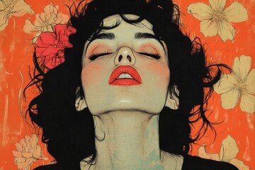 Poster - Portrait of a woman with red lips and dark hair surrounded by floral patterns in vibrant orange tones