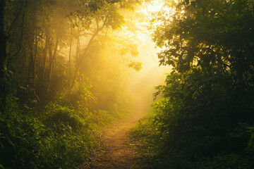 A misty forest path at sunrise, with soft golden light filtering through dense, lush greenery.