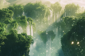 A dreamy surrealist background with floating islands, gravity-defying waterfalls, and glowing mystical trees.