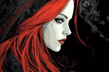 Poster - Glowing red hair contrasts with dark background in striking portrait of a mysterious woman