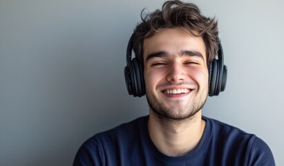 Modern and cool man listening music on headphones with smiley and happy attitude on trendy color background