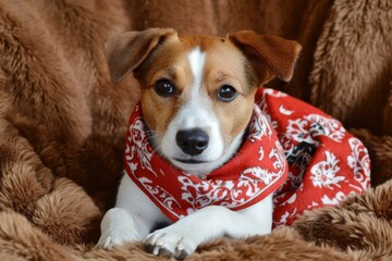 Wall Mural - Dog With Bandana. Cute Jack Russell Terrier at Home - Pedigreed Animal as a Decorative Home Pet