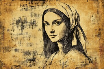 portrait of a young woman with a headscarf looking thoughtfully at the viewer on a textured backgrou