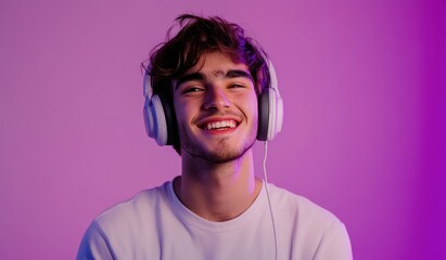 Modern and cool man listening music on headphones with smiley and happy attitude on trendy color background