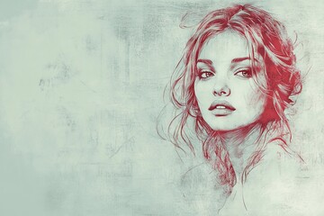 Woman with flowing hair gazes thoughtfully at the viewer in an artistic sketch style