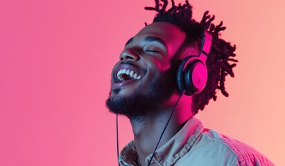 Modern and cool man listening music on headphones with smiley and happy attitude on trendy color background