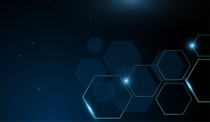 Wall Mural - A technolgy abstract background with collection of neon blue hexagons floats in a dark space, illuminated by soft glowing edges. vector and illustration.