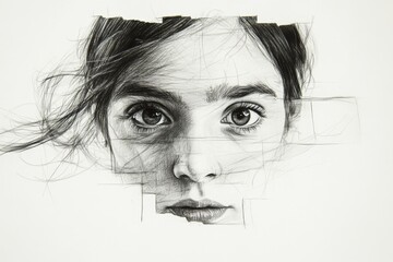Poster - Intricate pencil sketch of a girl with expressive eyes and a fragmented background, showcasing fine art technique and attention to detail
