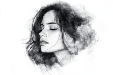 Poster - Artistic portrait of a young woman with flowing hair in a soft, ethereal style created using charcoal and ink