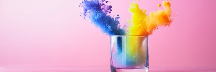 Wall Mural - Pastel Ink Explosions in Glass Vessel Soft Light - Vibrant colors explode into a glass, symbolizing creativity, energy, transformation, fluidity, and artistic expression