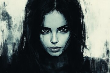 Poster - Dark portrait of a confident woman with striking features and intense gaze in a muted color palette