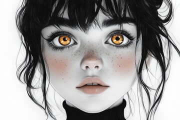Poster - Artistic portrait of a girl with striking orange eyes and black hair featuring freckles and a turtleneck top