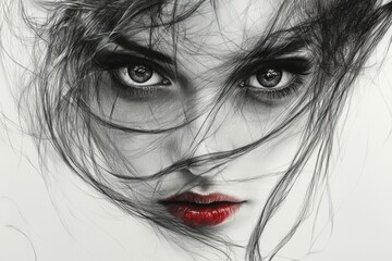 Poster - Portrait of a young woman with expressive eyes and flowing hair against a minimal background
