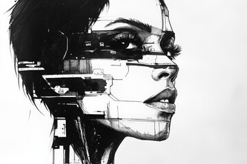 Aufkleber - Intricate fusion of technology and humanity in a striking monochrome portrait of a woman