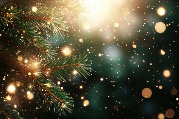 Wall Mural - winter wonderland background with snowflakes and pine branches