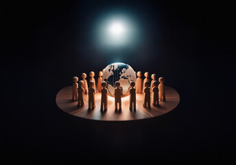 Leinwandbilder - Wooden figures stand in a circle around a globe. A bright light shines down, illuminating the scene against a dark background.