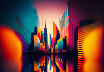 Aufkleber - Vibrant cityscape illustration featuring colorful buildings with water reflections.  An artistic and stylized urban scene with bright hues.