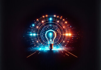 Poster - Glowing light bulb encircled by vibrant, interconnected circles and lines against a dark backdrop, representing innovation and technological progress.