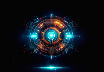 Leinwandbilder - Abstract design featuring a radiant lightbulb at the core, encircled by glowing rings and emanating beams of blue and orange lights on a dark backdrop.