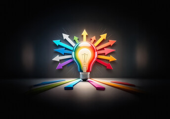 Poster - A vibrant light bulb emits colorful arrows in every direction against a dark background, representing diverse ideas and multiple paths forward.