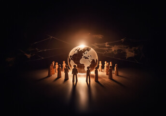 Leinwandbilder - A group of figures encircles a glowing globe, illuminated against a dark backdrop.  Connections radiate from the globe, suggesting global networking and interconnectedness.  A sense of unity and world