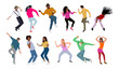 © Creative_Juice_Art - Set of young men and women dressed in trendy clothes dancing at club or music concert. Collection of male and female cartoon characters having fun at dance party. Flat colorful vector illustration.
