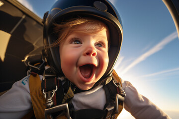 Fototapete - Excited positive happy parachutist in free fall over blue sky. ai generative picture collage