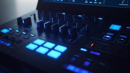 Close-up of a futuristic music production console with illuminated buttons and knobs.