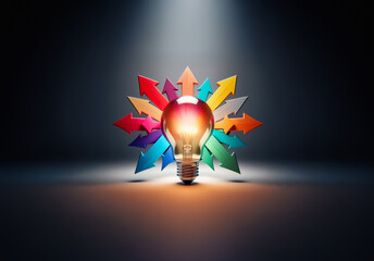 Poster - A glowing lightbulb is surrounded by colorful arrows pointing outwards, suggesting ideas, direction, and choices in a bright spotlight.