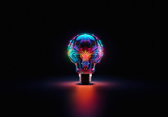 Aufkleber - A glowing light bulb constructed from interconnected circuit board components emits vibrant colorful lights in a dark space, symbolizing innovative digital technology.