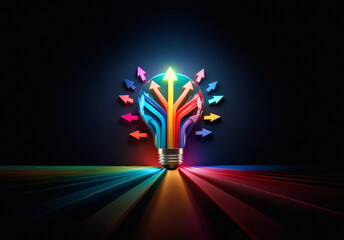 Aufkleber - A vibrant light bulb emits colorful arrows pointing outwards and inwards, symbolizing diverse ideas converging and diverging, set against a dark backdrop.