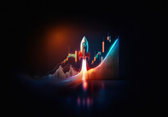 Poster - A vibrant neon rocket launches upwards against a backdrop of stock market charts, symbolizing rapid financial growth and investment success in a dark digital space.