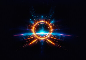 Poster - Energetic abstract image of a glowing circular portal emitting bright orange and blue light rays on a dark backdrop. Dynamic and vibrant visual element.