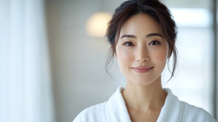 Wall Mural - portrait of soft smiling Asian woman 35 years old in white bathrobe on white background, copy space, me time concept