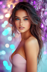 Wall Mural - A beautiful woman with long, copper-colored hair and blue eyes, wearing a pink dress, set against the backdrop of a summer garden with purple flowers.