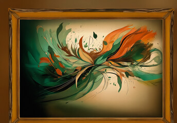 Aufkleber - Abstract painting featuring dynamic, flowing shapes in shades of orange, green, and beige, presented within a simple wooden frame.