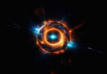 Aufkleber - Fiery, circular energy vortex with vibrant orange and cool blue emanates light against a dark void. Swirling abstract design evokes cosmic phenomena and intense power.